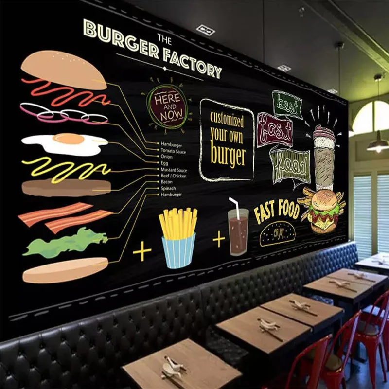 

Hand-painted burger fast food restaurant background professional production mural photo wallpaper size can be customized