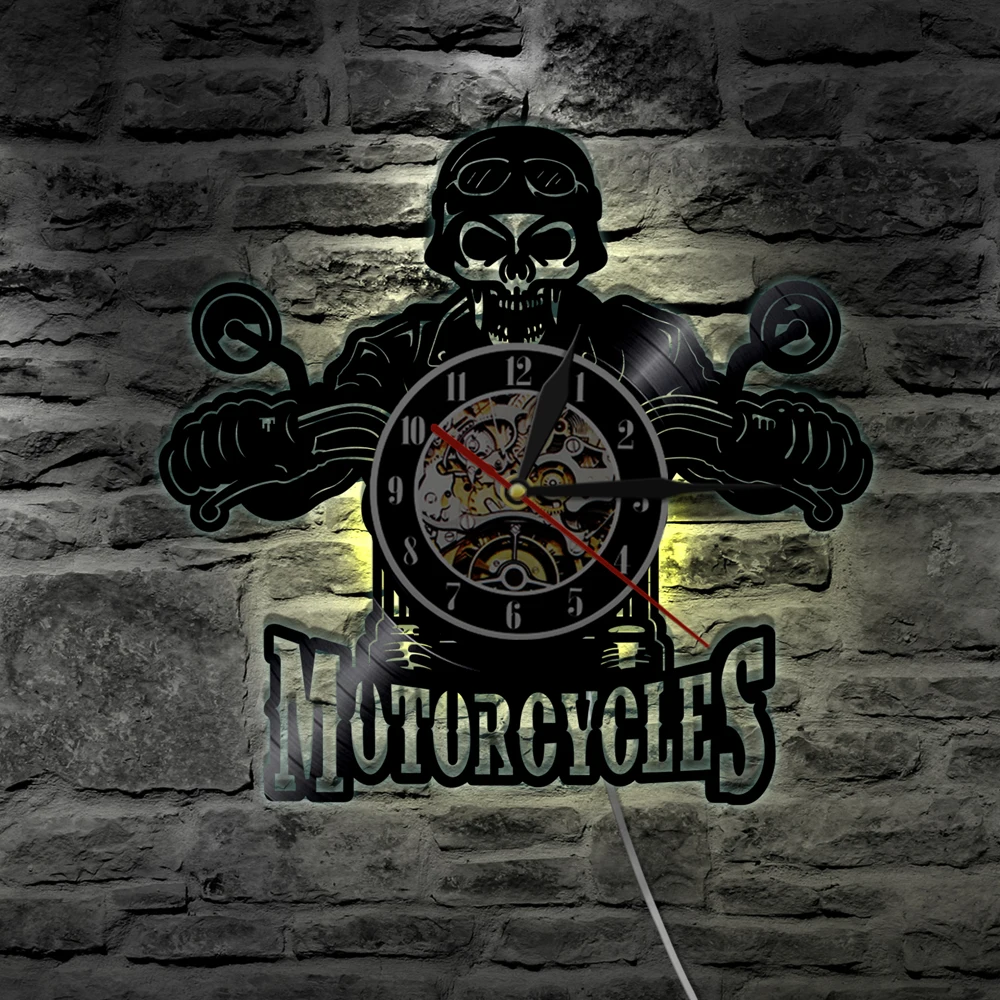 Motorcycles Skull Vinyl Record Wall Clock With LED illumination Motorbike Biker Skull Wall Hanging Decorative Lighting