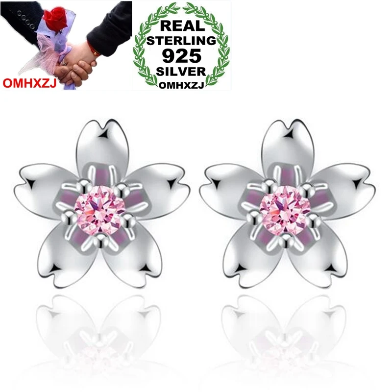 OMHXZJ Wholesale Sweet Lovely Fashion Woman Girl Wedding Gift White Pink Cherry Blossom 925 Sterling Silver Stud Earrings YS414