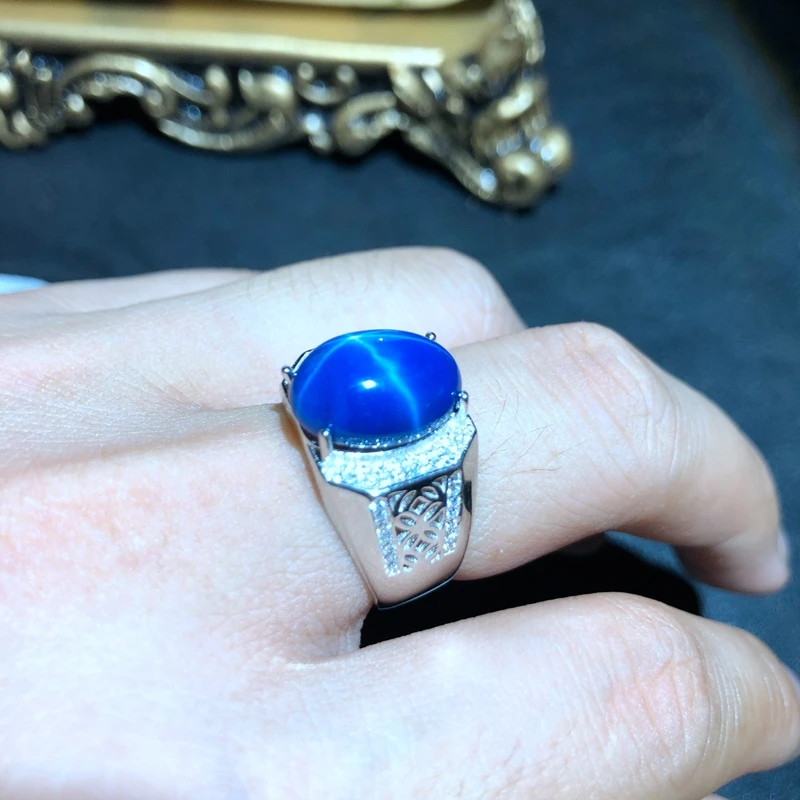 cool men ring shiny blue star sapphire gem ring 925 silver jewelry big size shiny gem certified birthday gift