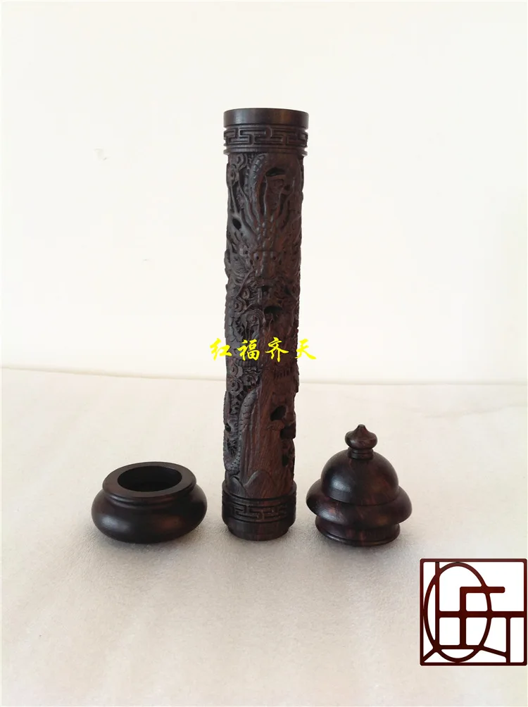 Vertical mahogany ebony wood carvings dragon incense box incense hollow cylindrical wooden incense box wood antique incense burn