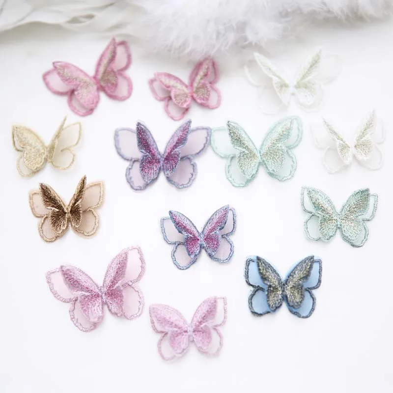 AHYONNIEX 10pcs Double Layers Organdy Butterfly Patch Embroidery Cloth Stickers Bride Veil Accessories Sew On Patch for Clothes