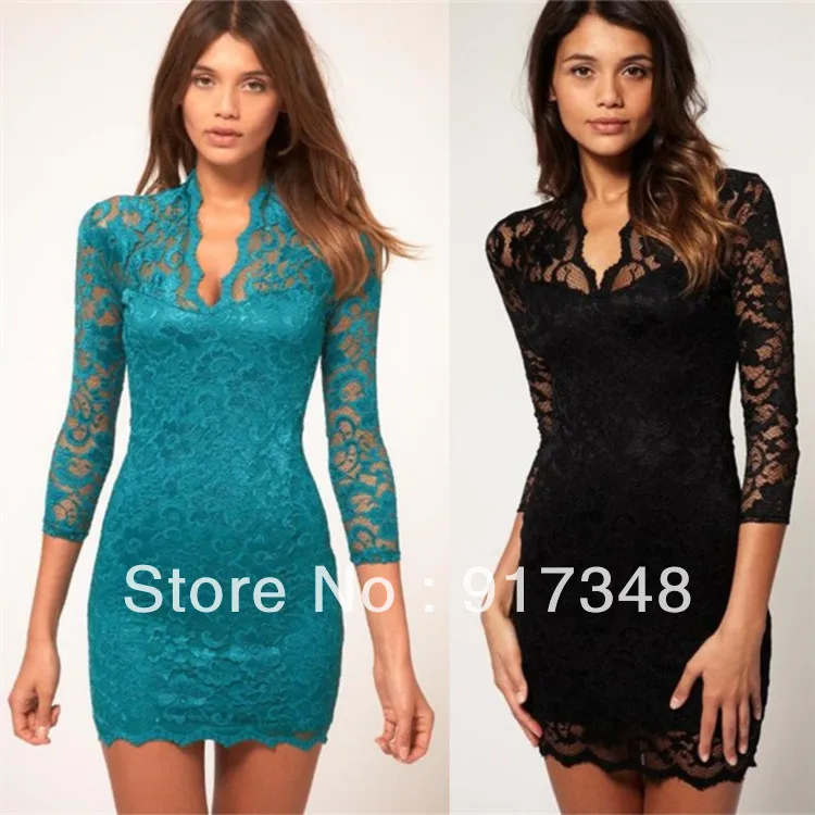 Sexy Sheath Lace Dress Knee-Length Women Club Party Dresses Choose White Black Blue