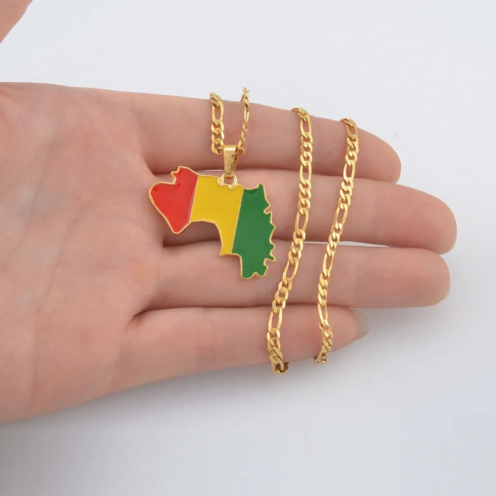 Anniyo Guinea Map & Flag Pendant Necklaces for Women/Men Gold Color Jewelry Map Of Guinea Necklaces Guinee #116706