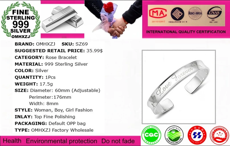 OMHXZJ Wholesale Fashion Sweet For Woman Child Gift Love Forever Rose Flower 999 Sterling Silver Bracelet Bangle Adjustable SZ69