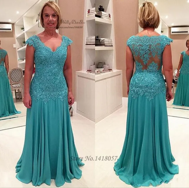 Vestido de Madrinha Turquoise Plus Size Mother of the Bride Groom Dresses Lace Cap Sleeve Long Formal Women Evening Gowns 2017