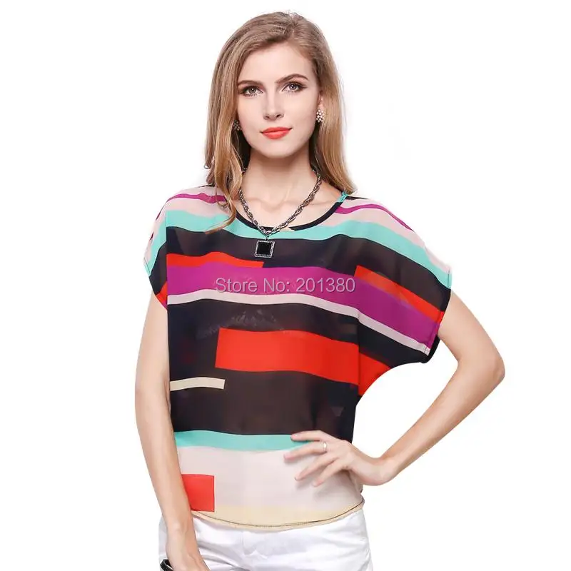 Colorful Stripe Women Chiffon Blouses Batwing Sleeve Tops Plus Size Summer Style 2019 New