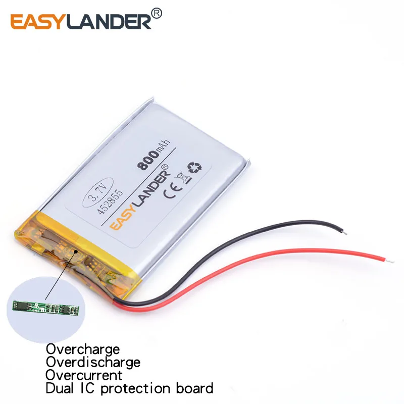 Pilha polímero de íon de lítio 3 argolas, 3.7v 800mah 452855 para gps mp3 mp4 alto-falante telefone celular e-book câmera filmadora