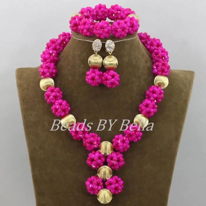 Hot Opaque Fuchsia Crystal Beads Balls Necklace Nigerian Wedding African Beads Bridal Jewelry Sets  ABF452