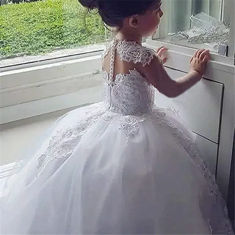 Sleeveless Ball Gown Princess Flower Girls Dresses Appliques with Beaded Stunning Cute Girls First Communion Dress White