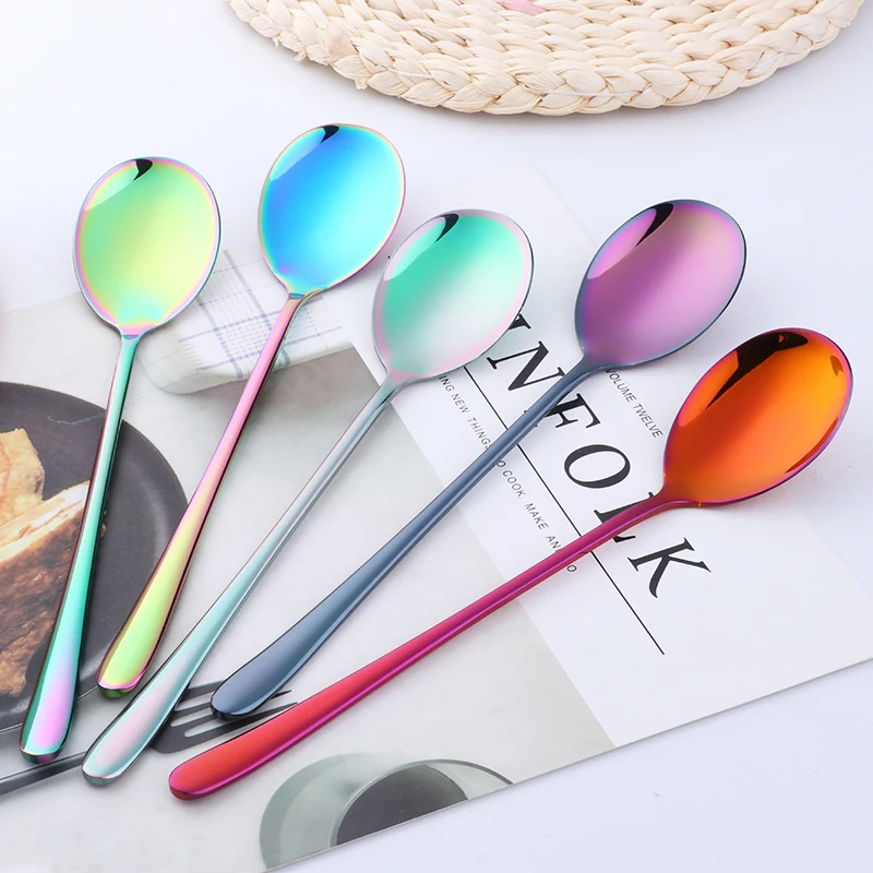 

5Pcs Long Handle Dinner Spoon 18/10 Stainless Steel Tea Coffee Soup Honey Ladle Dessert Spoon Rainbow Color Cutlery Dinnerware