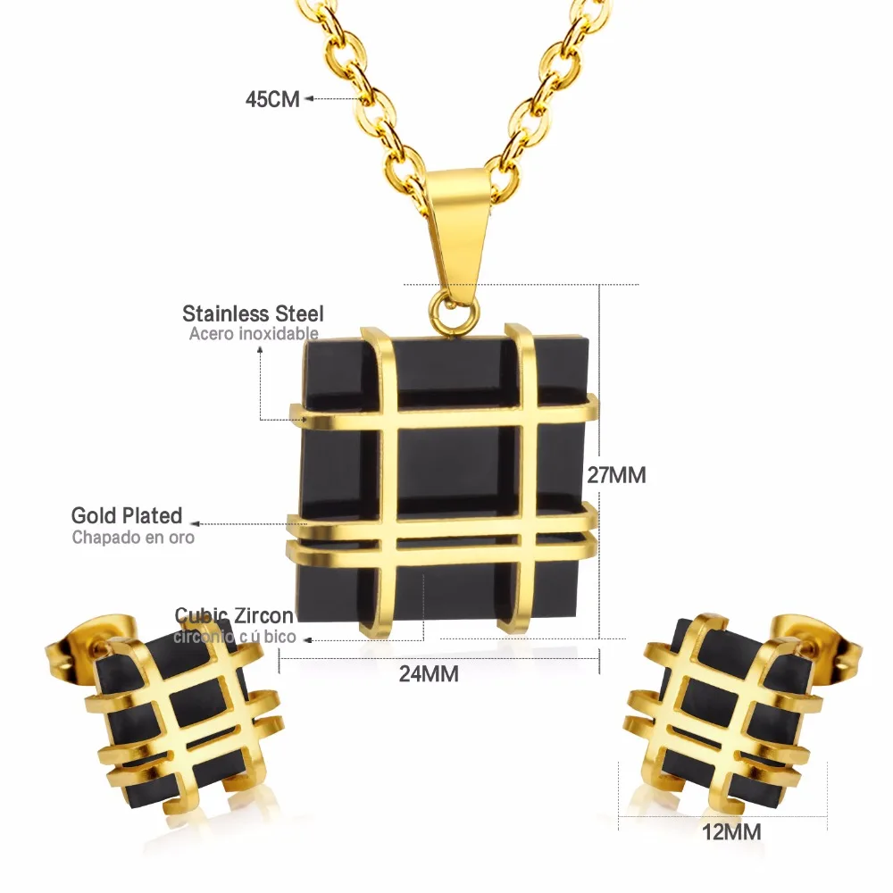 LUXUSTEEL Earring Necklace Set Stainless Steel Geometry Shape Square Big Crystal CZ Stone Pendant Chain For Women Jewelry Bijoux