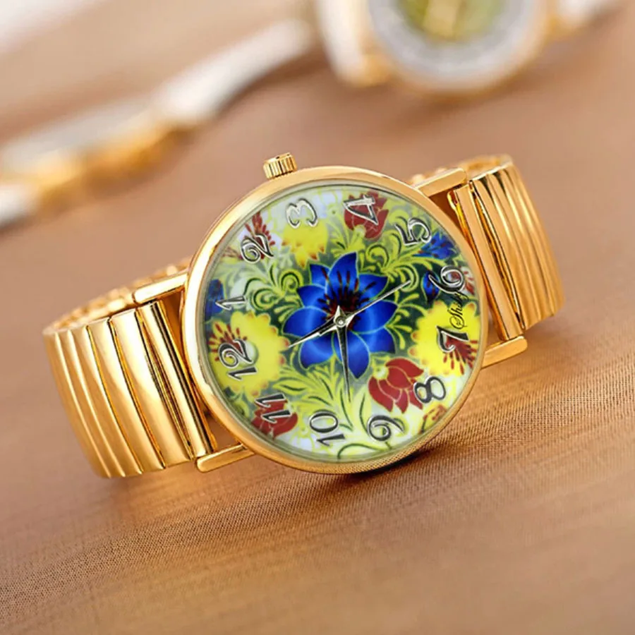 shsby new Elastic stainless watches women dress watches Gold watchband casual wristwatches Bright-coloured flower girl watches