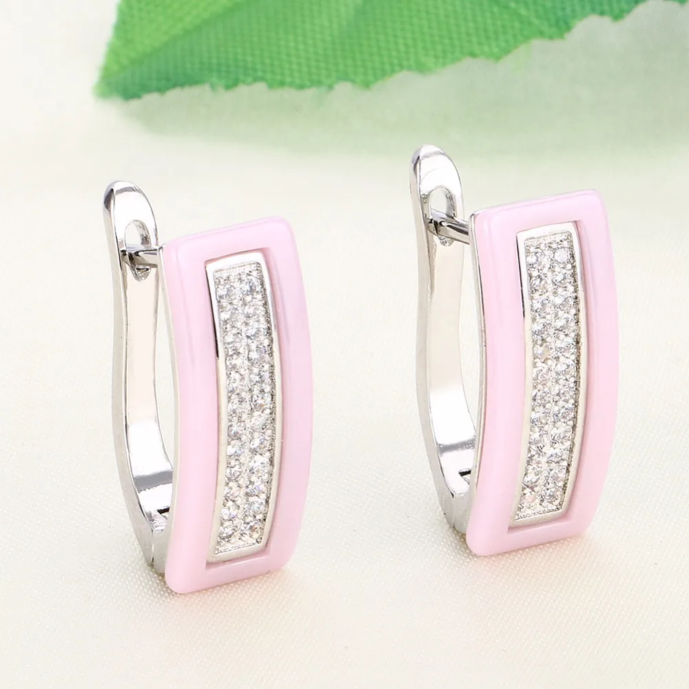 2019 Fashion U Bend Earring Shiny Lovely Pink Ceramic Rings ladies U Shaped Gold Silver Color Women Earrings Elegant Jewelry