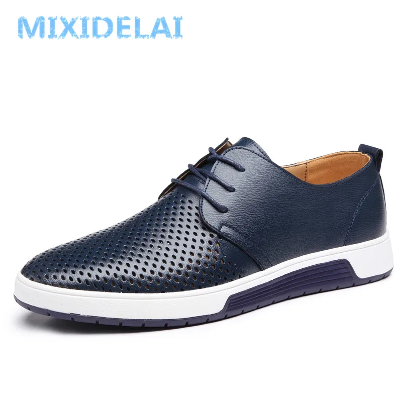 MIXIDELAI New Summer Breathable Holes Soft Male Casual Leather Shoes Adult Luxury Brand Flat Footwear Comfortable Shoes For Men