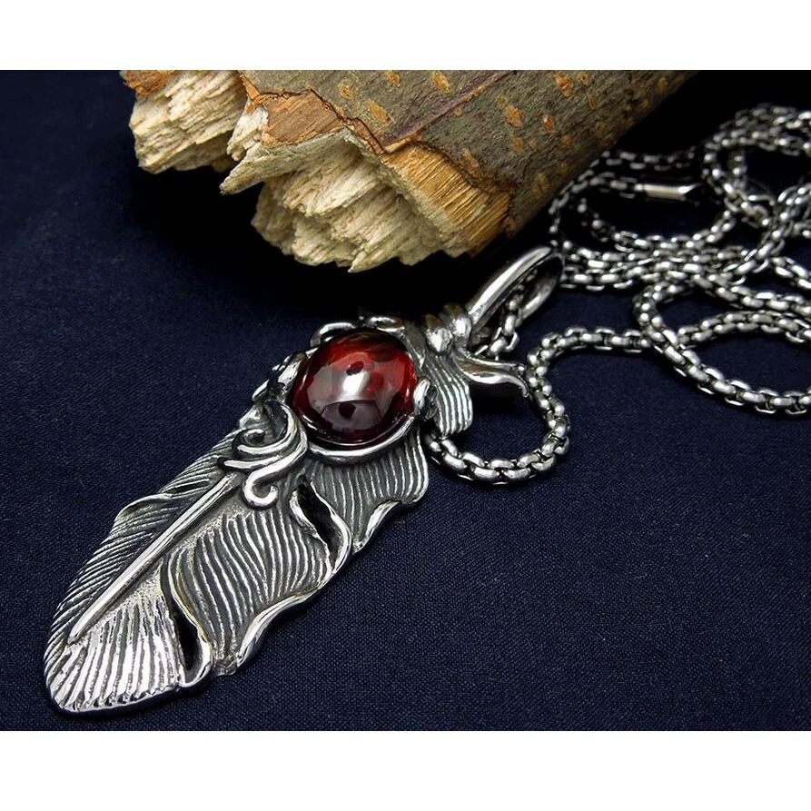 Red Opal pomegranate stainless steel feather pendant man necklace fashion mens jewelry