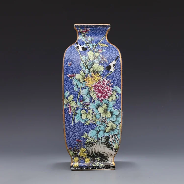 Qing Dynasty Yong Zheng year mark enamel blue square flower and bird celestial bottle antique porcelain ancient porcelain