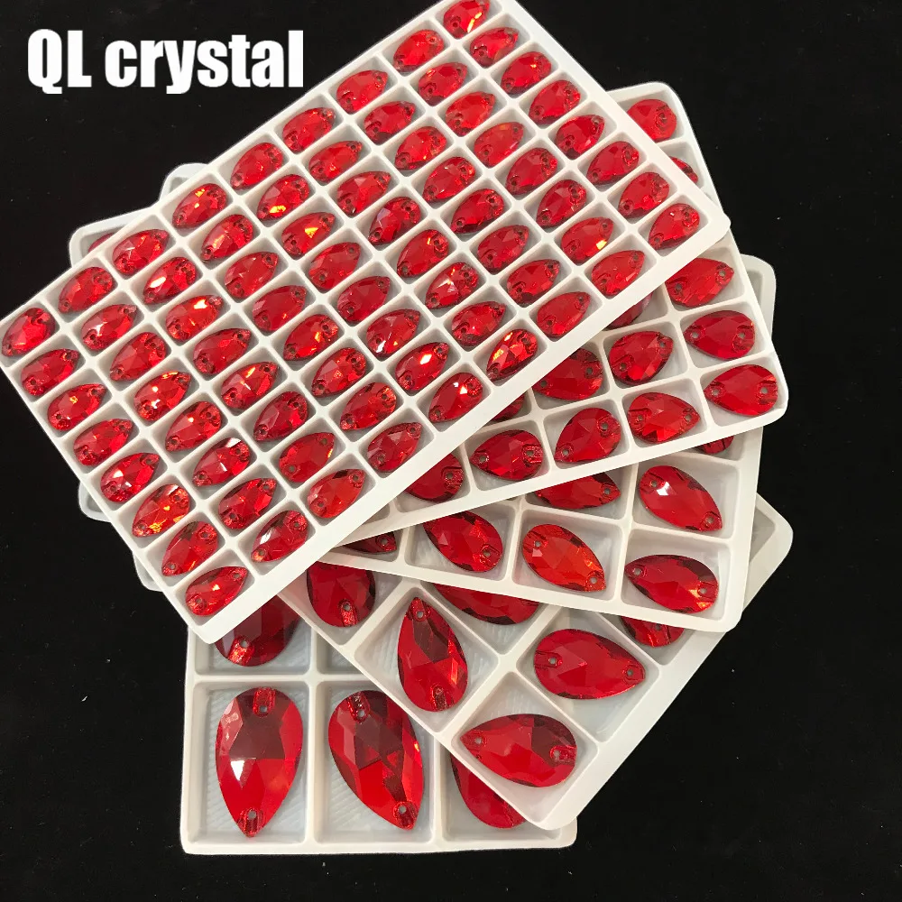 QL Crystal 2018 popular  Red Drops Sew On Crystals for Craft Sewing On Rhinestone 2 Holes DIY Garment Dress Making