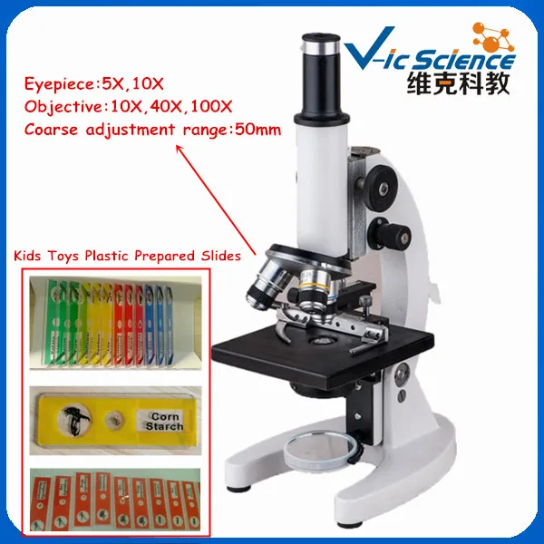 biological microscope with plastic prepared slides for kids