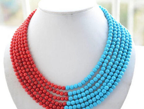 

18-24” 6row 6mm blue red coral bead necklace stone gems $ Luxury Ms. girl Lovely Women's Wedding Jewelry