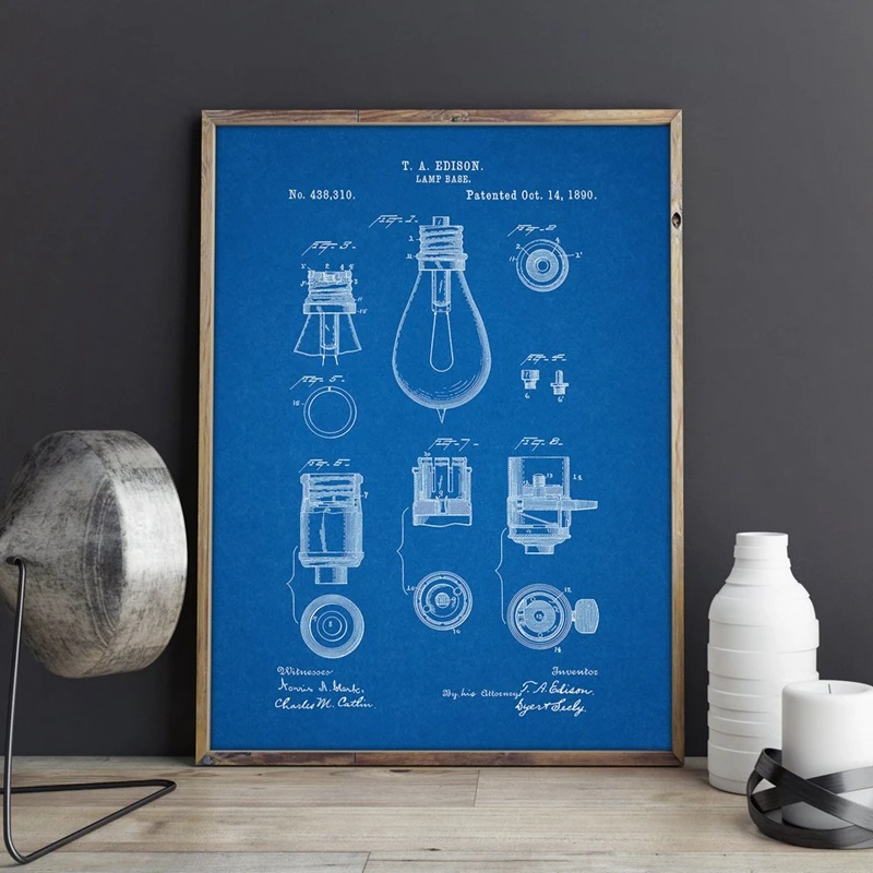 Edison Lamp Base Patent Prints Thomas Edison Bulb Wall Art Posters Lighting Decor Vintage Blueprint Gift idea Wall Decoration