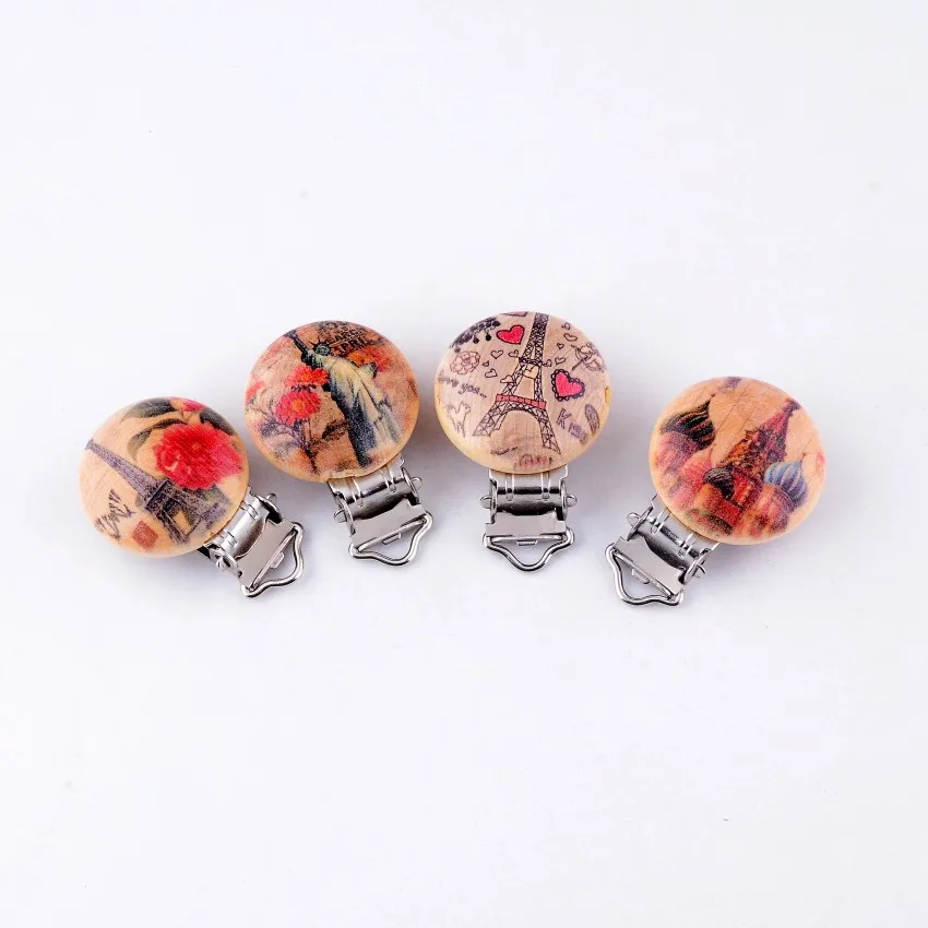 10PCs Baby Pacifier Clips Mixed Pattern Natural Wood Metal Holders Cute Infant Soother Clasps Funny Accessories 4.4cm x2.9cm