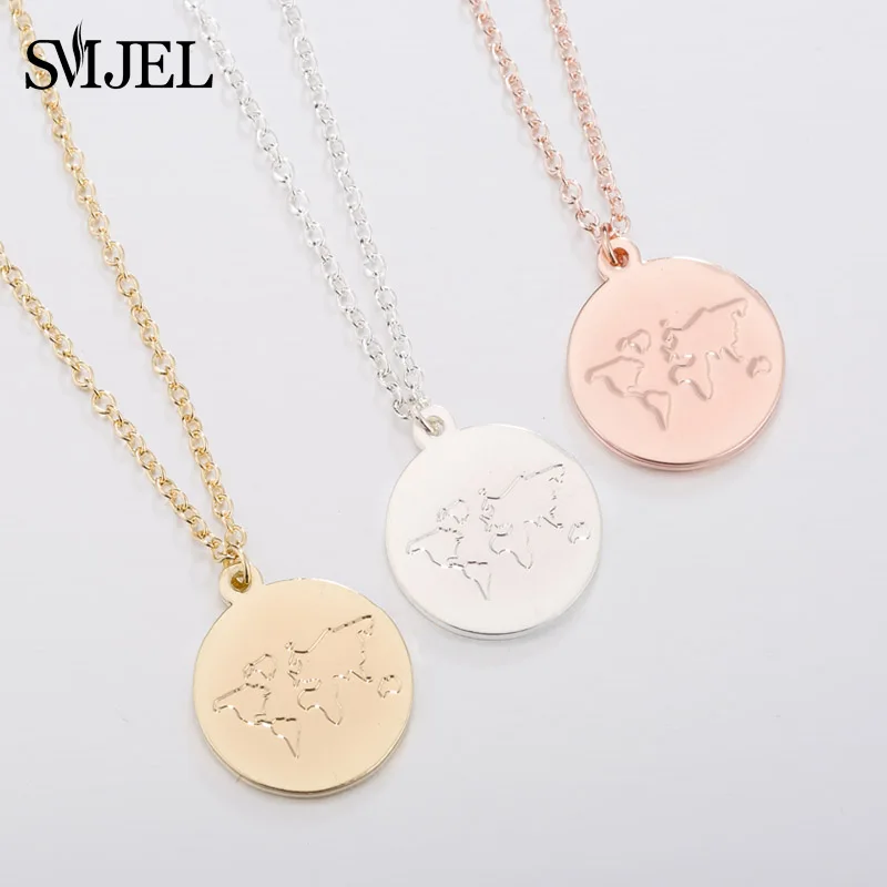 SMJEL Layer World Map Necklaces for Women Simple Round World Coin Charms Necklace Wonderlust Handmade Jewelry Gift