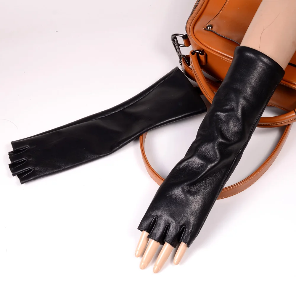 Guantes largos de piel de oveja de piel auténtica para mujer, manopla de fiesta de noche, medio dedo, sin dedos, ópera