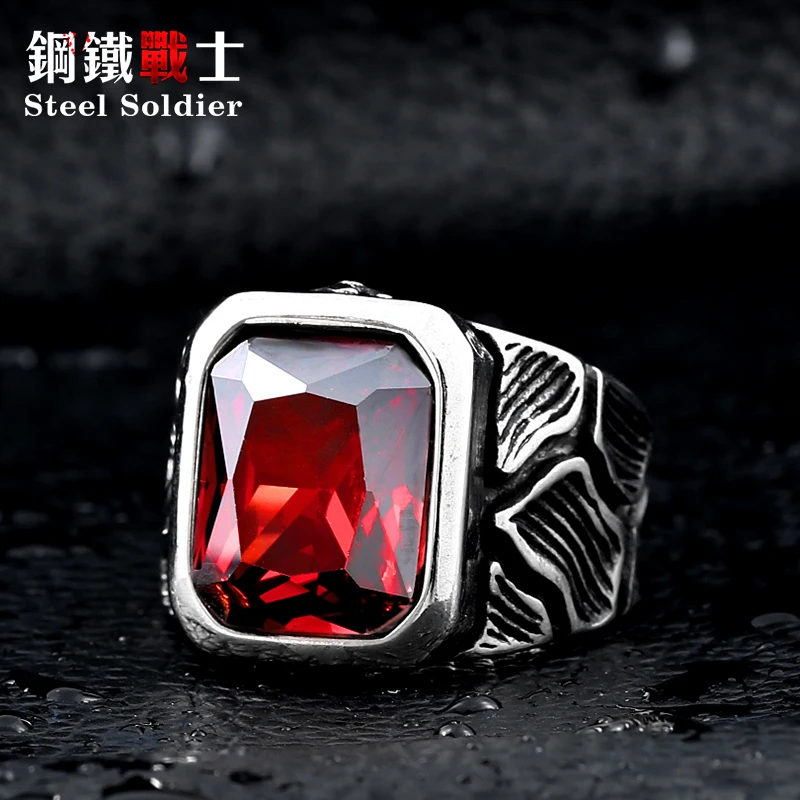 steel soldier stainless steel men stone ring crackle design style ring big red/blue stone 316l steel jewelry