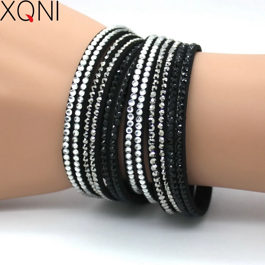 XQNI New Fashion Mosaic Brand Crystal Leather Bracelets Trendy Handmade Rhinestone Long Charm Bracelet For Women Jewelry Gift