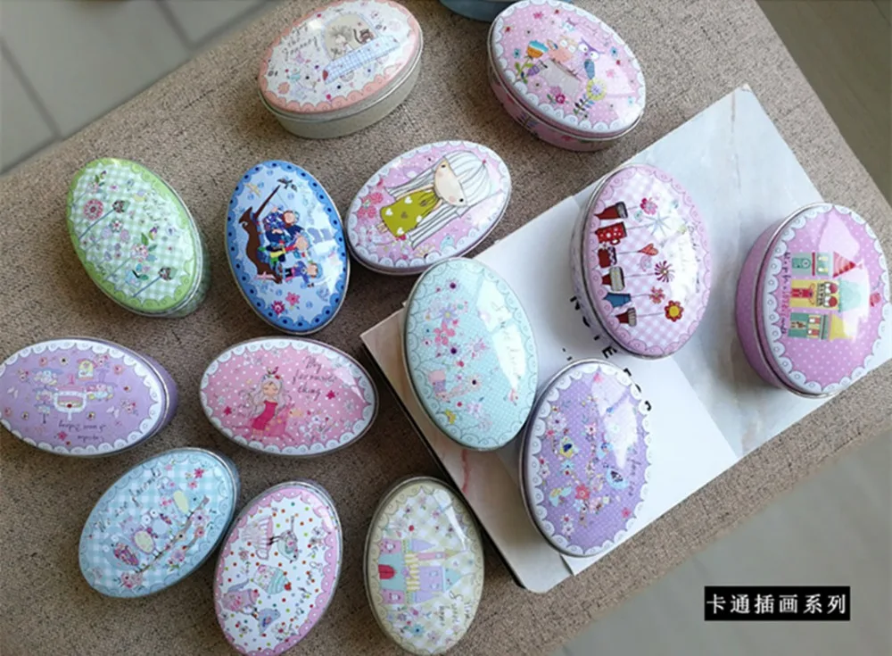 

30pcs/lot Storage Box Lovely Girl Printing Oval Shape Candy Box Handmade Soap Case Iron Tin Jewelry box Mini Pill Case Mixdesign