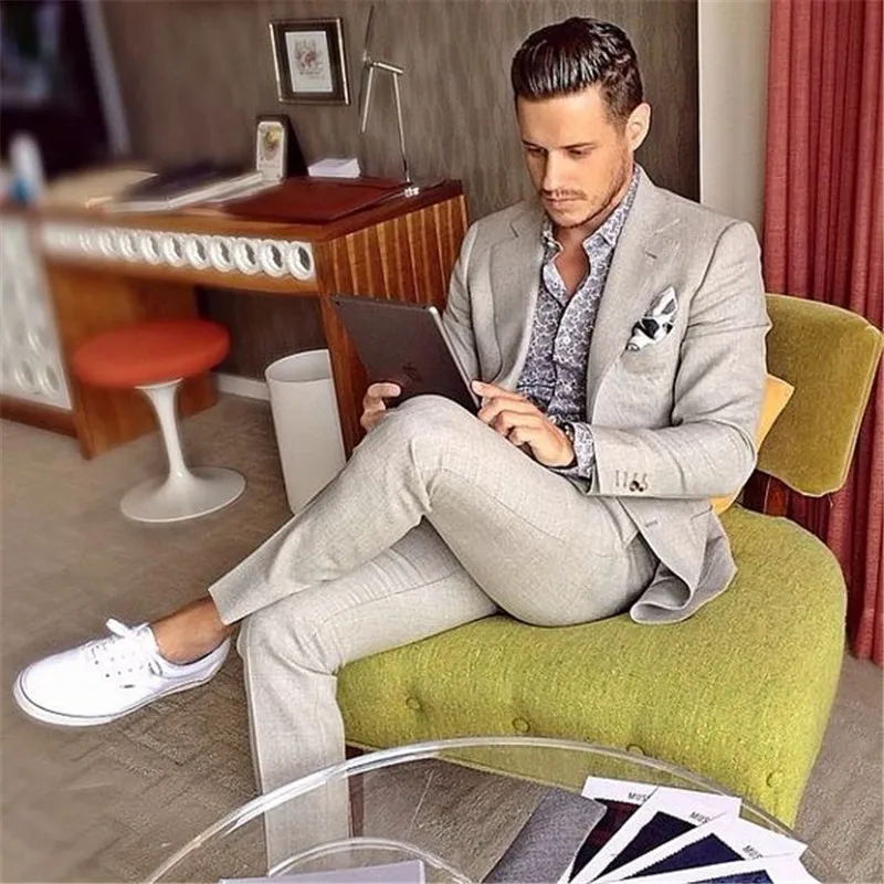 

Tailor Light Grey Linen Summer Beach Mens Suit Tuxedos Groomsmen Wedding Blazer Suits For Men Stylish 2pieces (Jacket+Pants)