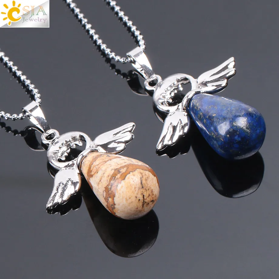 CSJA Angel Natural Stone Necklaces Pink Quartz Lapis Lazuli Necklace Angels Pendants for Women Purple Female Jewelry E947