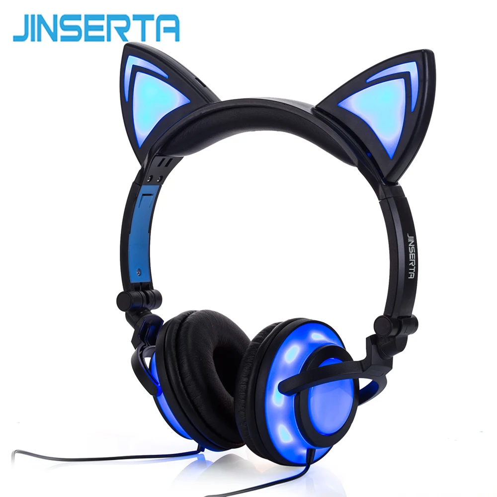 JINSERTA-Auriculares con orejas de gato para adultos y niños, cascos con luces LED, brillantes y parpadeantes, para juegos, 2020