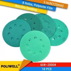 10PCS 5 Inch(125mm) 8-Hole Polyester Film Wet/Dry Hook & Loop Flocking Green Sanding Discs Paint Abrasive Sandpaper, 60#-2000#