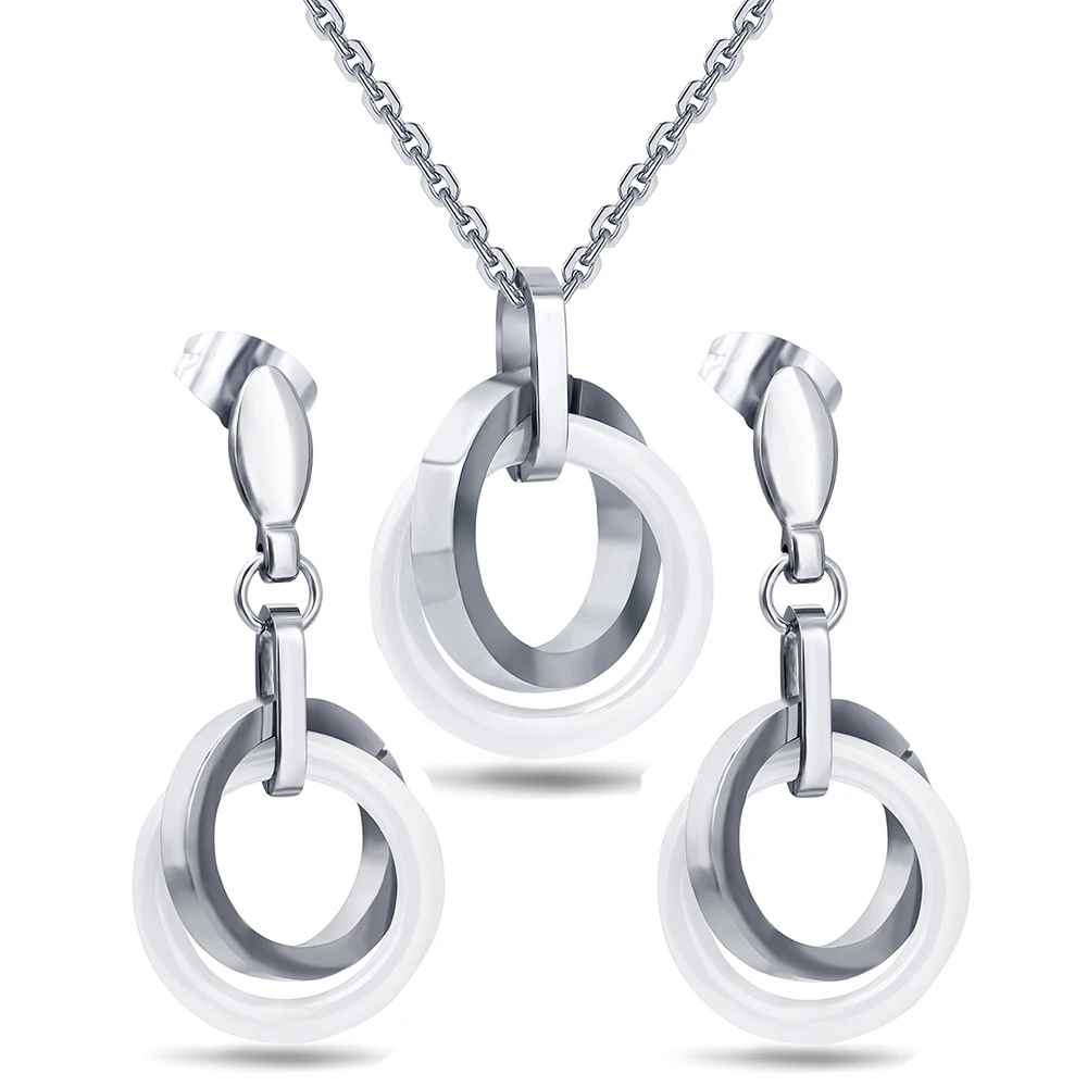 

Top Selling Women Necklace& Earring Jewelry Set White Circle Ceramic and Round Stainlees Steel Jewelry Accessories