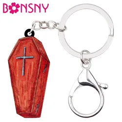 Bonsny Acrylic Halloween Red Coffin Casket Key Chain Keychain Ring Unique Punk Jewelry For Women Girls Bag Car Purse Charms Gift