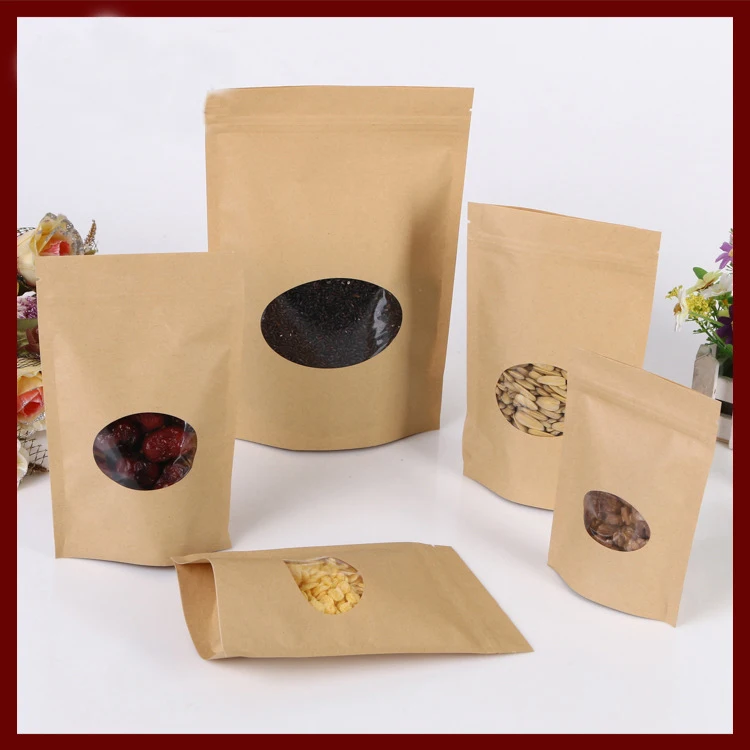 17*24+4 50pcs brown self zip lock kraft paper bags with window for gifts sweets and candy food tea jewelry retail package paper