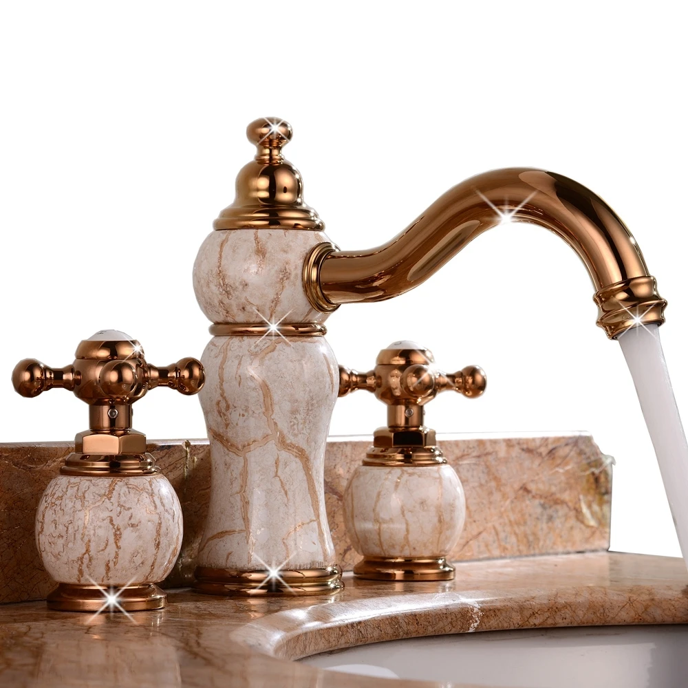 

Luxury Rose gold Solid brass copper ceramics dual handle Washbasin faucet European three holes lavatory Faucet Waterfall tap