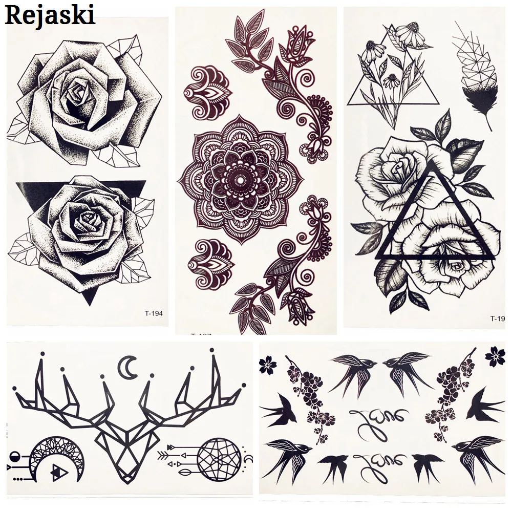 Black Triangle Rose Flower Fake Temporary Tattoo Sticker Women Girl Body Hands Ear Art Tattoo Children Waterproof Tatto 3D Kids