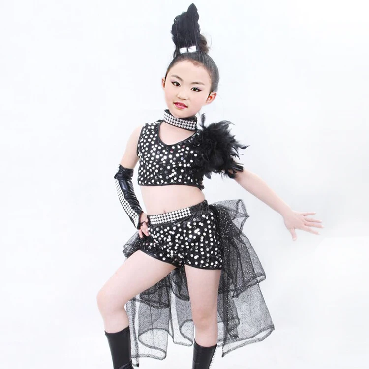 2019 New Girls\' Sequined Feather Jazz Dance Costume Ballroom Dress Hip-Pop dancwwear sequins mordern top+skirt 110-150cm