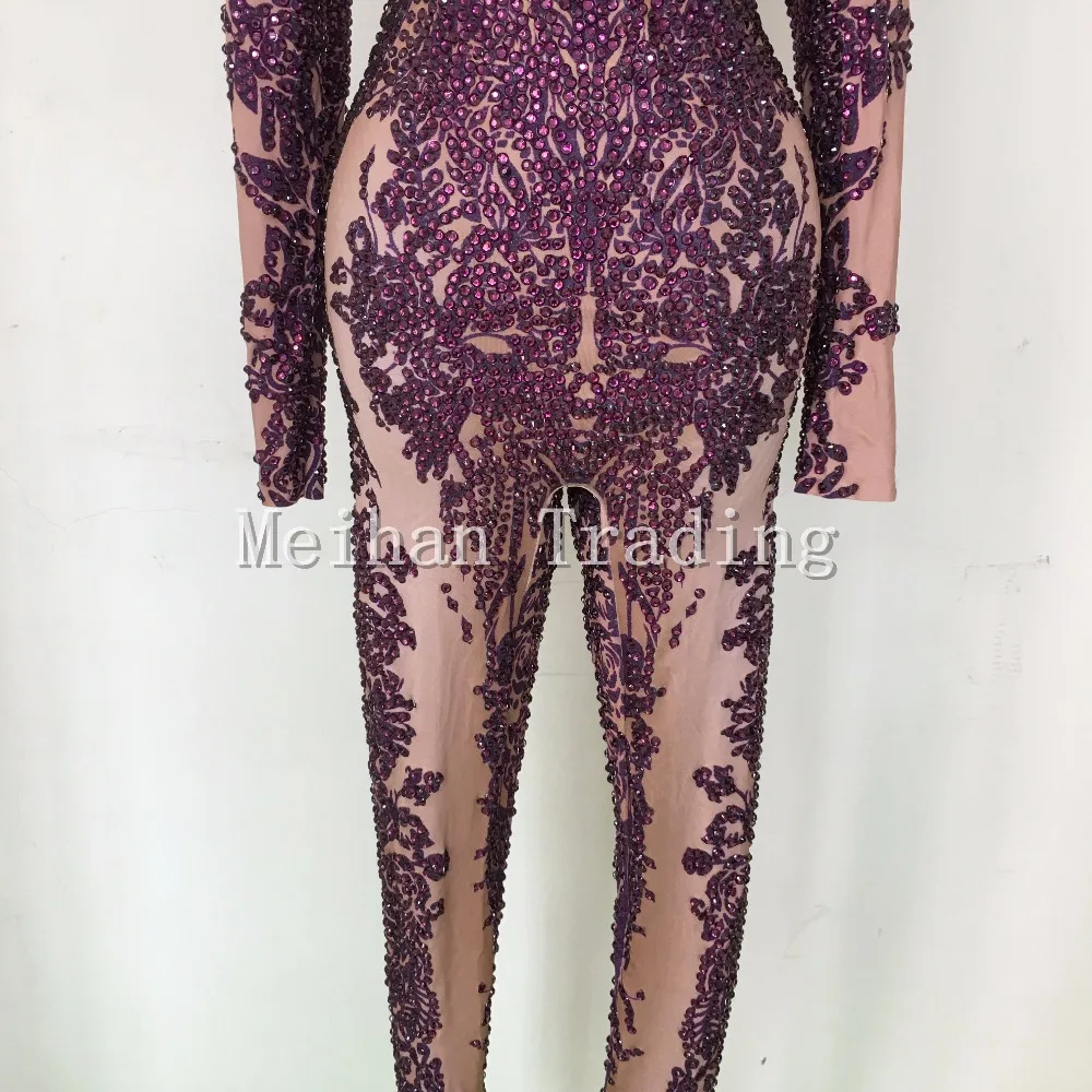 Hot Fashion Sexy Purple Bodysuit Rhinestones Jumpsuits Nightclub Dance Wear Long Sleeve Bodysuit Costume Female Party Wear