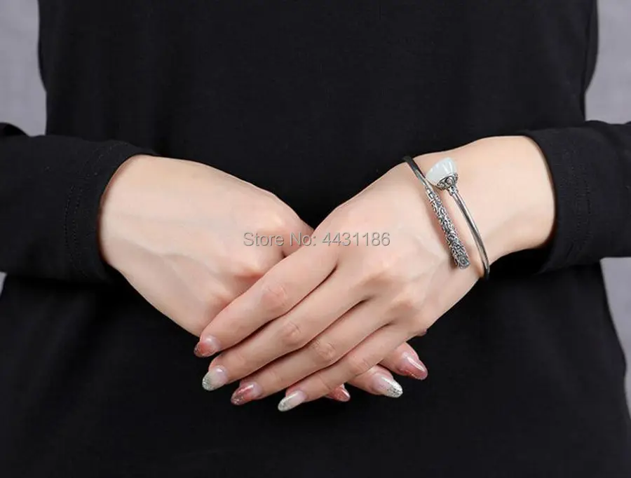 Real S925 Silver Bangle Hand-inlay Hetian White Jade Lucky Chinese Classical Style Women Bracelet Ornaments+Free Gift Box