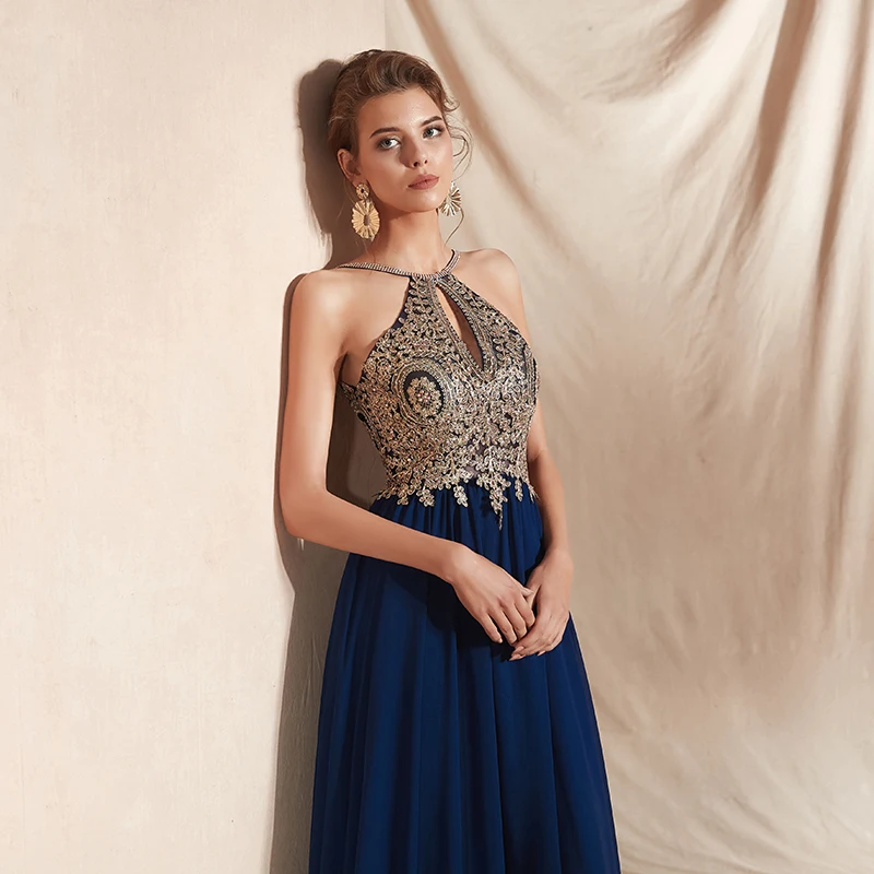 JaneVini-Vestidos de Fiesta largos azul marino, elegantes vestidos de fiesta de noche con cuello Halter, apliques dorados, gasa con cuentas, 2019