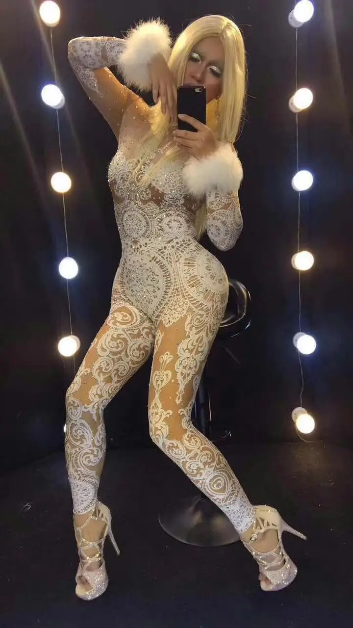 Women New Bright Rhinestones White Sexy Jumpsuit Crystals Stage Costumes Singer Dancer Prom Show Bodysuit DJ Performance Costume