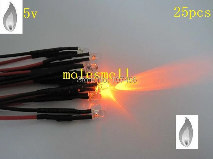 

Free shipping 25pcs 3mm orange Flicker 5V Pre-Wired Water Clear LED Leds Candle orange Light 20CM