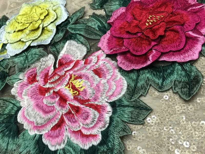 Peonia ricamata cucito su Patch fiore adesivi Patch 3D per abbigliamento distintivo cucito tessuto Applique forniture