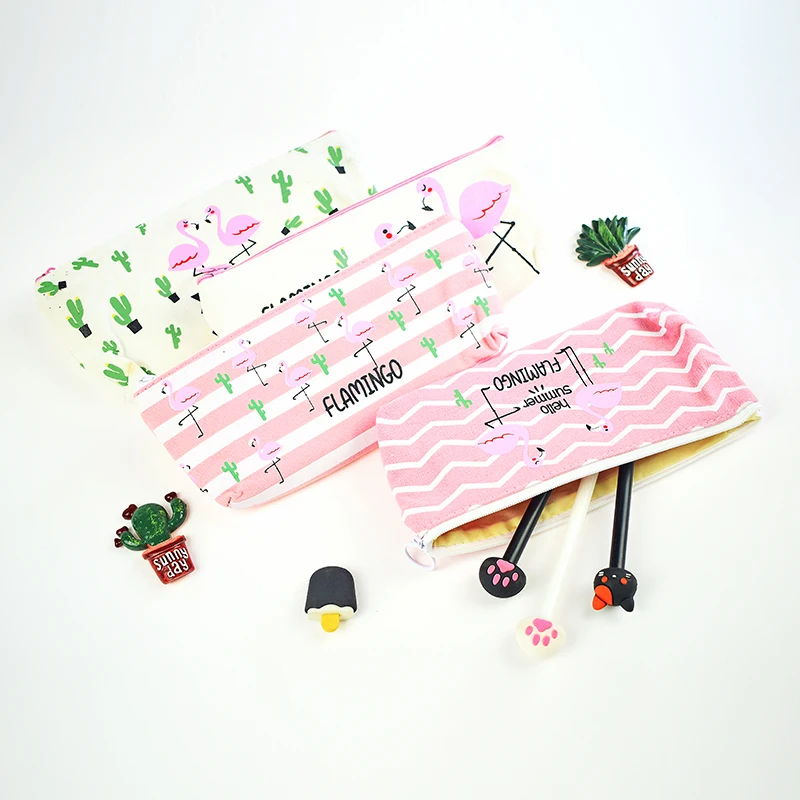 1Pc Cute Cactus Flamingo Canvas Pencil Bag School Supplies Stationery For Student Gift Kawaii Bag Office Pencil Box School Kit