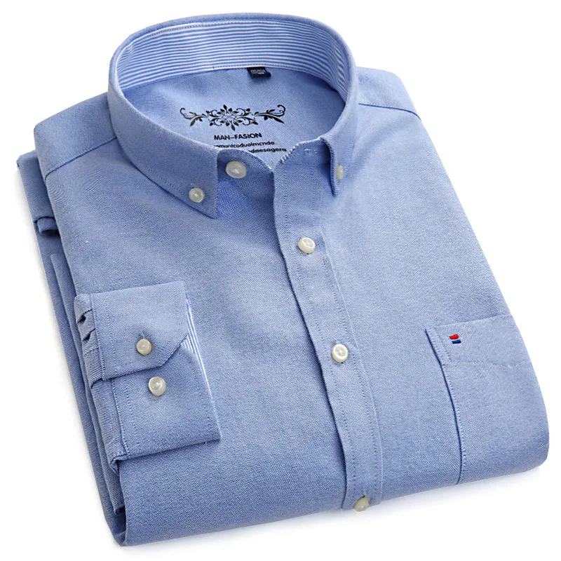 Chemise Oxford bleue à manches longues pour hommes, avec poche poitrine gauche, en coton, solide, à boutons, grande taille 5XL 6XL