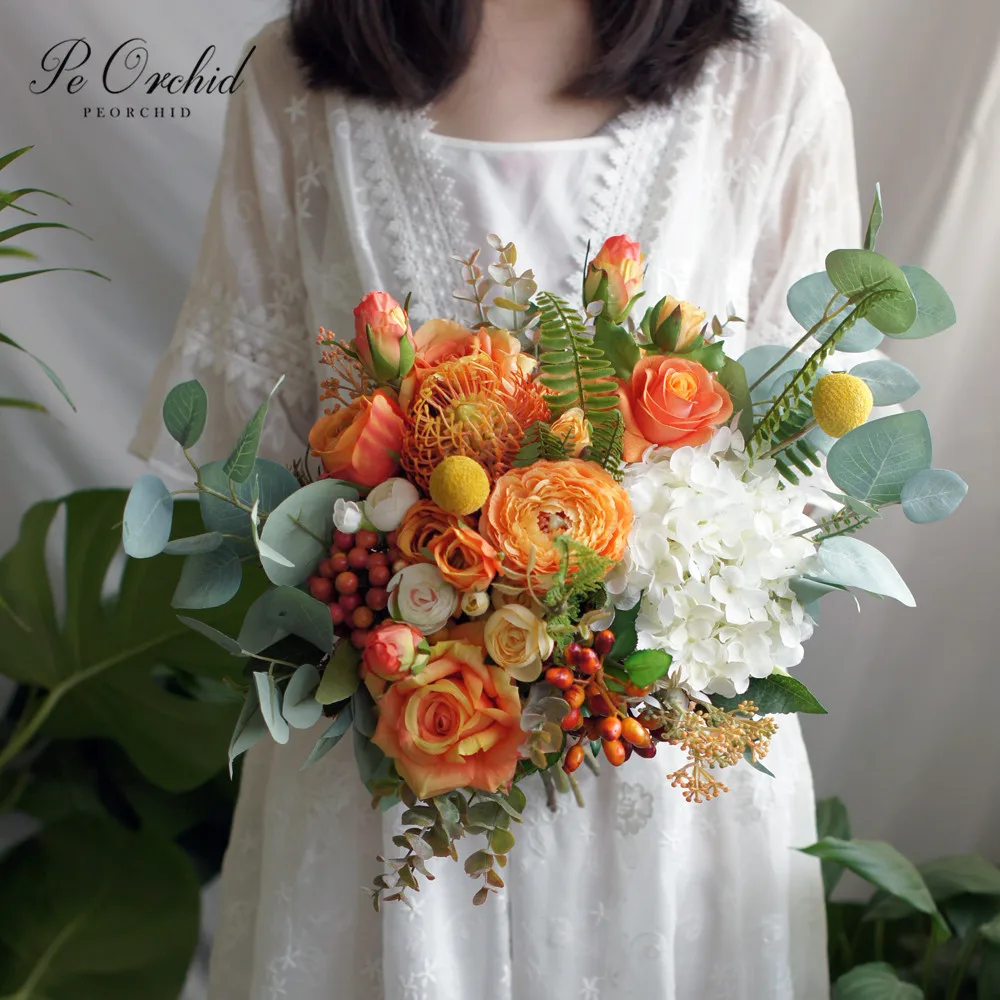 

PEORCHID Orange Silk Flower Wedding Bouquets Bridal Summer/Fall 2020 Artificial Rose Hydrangea Bridesmaids Hand Holding Flowers